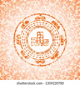 buildings icon inside abstract orange mosaic emblem with background