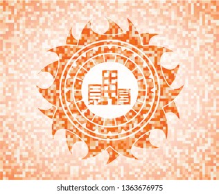 buildings icon inside abstract orange mosaic emblem with background