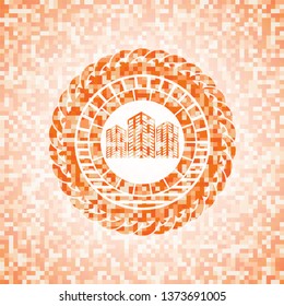 buildings icon inside abstract orange mosaic emblem with background