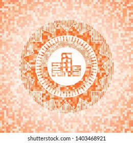 buildings icon inside abstract orange mosaic emblem with background