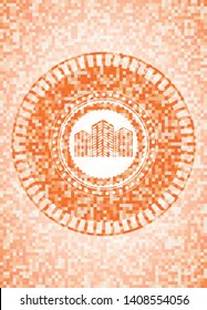 buildings icon inside abstract orange mosaic emblem