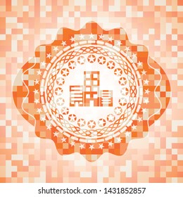 buildings icon inside abstract orange mosaic emblem