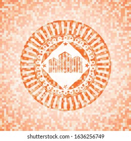 buildings icon inside abstract orange mosaic emblem with background
