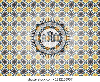 buildings icon inside arabesque badge. arabic decoration.