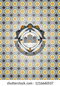 buildings icon inside arabesque badge background. arabic decoration.