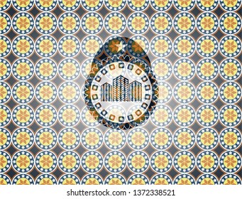 buildings icon inside arabesque badge background. arabic decoration.