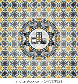 buildings icon inside arabesque badge. arabic decoration.