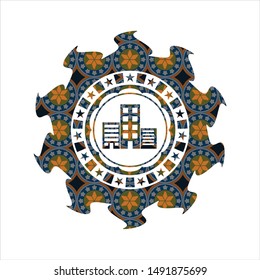 buildings icon inside arabesque badge background. arabic decoration.