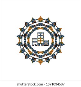 buildings icon inside arabesque badge background. arabic decoration.