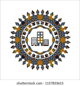 buildings icon inside arabesque emblem background. arabic decoration.