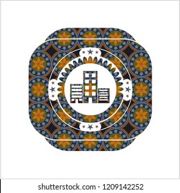 buildings icon inside arabesque emblem. arabic decoration.