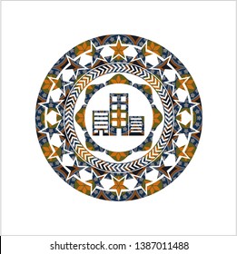 buildings icon inside arabesque emblem. arabic decoration.