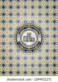 buildings icon inside arabesque emblem background. arabic decoration.