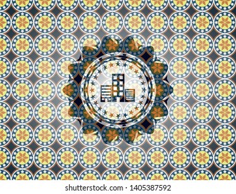 buildings icon inside arabesque emblem. arabic decoration.
