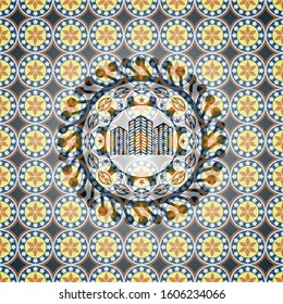 buildings icon inside arabesque emblem. arabic decoration.