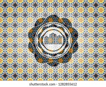 buildings icon inside arabesque style badge. arabic decoration.