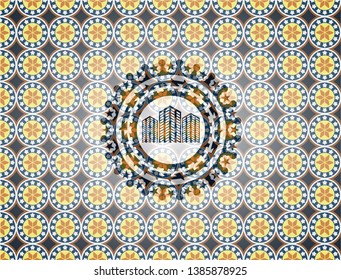 buildings icon inside arabesque style badge. arabic decoration.