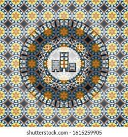 buildings icon inside arabesque style badge. arabic decoration.