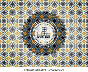 buildings icon inside arabic badge. Arabesque decoration.