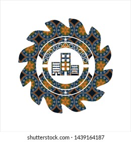 buildings icon inside arabic badge background. Arabesque decoration.