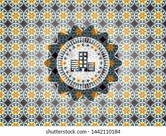 buildings icon inside arabic badge background. Arabesque decoration.