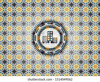 buildings icon inside arabic badge. Arabesque decoration.