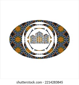 buildings icon inside arabic badge background. Arabesque decoration. 