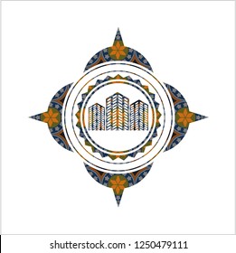 buildings icon inside arabic emblem. Arabesque decoration.