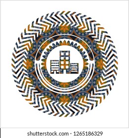 buildings icon inside arabic emblem background. Arabesque decoration.