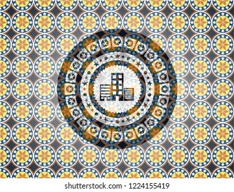 buildings icon inside arabic style emblem. Arabesque decoration.