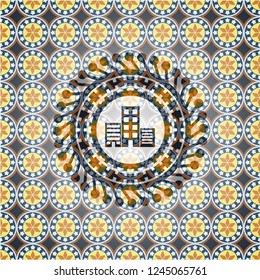 buildings icon inside arabic style emblem. Arabesque decoration.