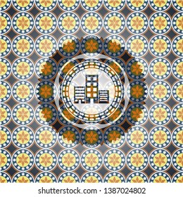 buildings icon inside arabic style emblem. Arabesque decoration.