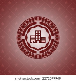 icono de edificios dentro de la placa con fondo rojo. 