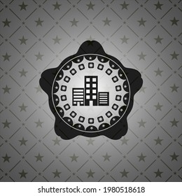 buildings icon inside black emblem. 