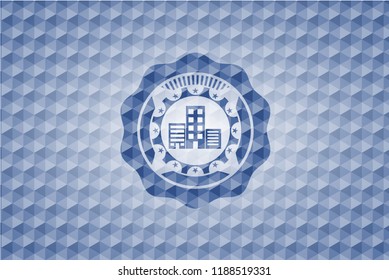 buildings icon inside blue badge with geometric pattern background.