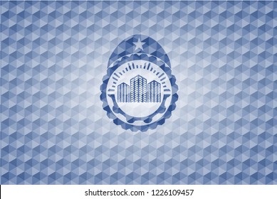 buildings icon inside blue badge with geometric pattern.