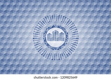 buildings icon inside blue emblem with geometric pattern background.