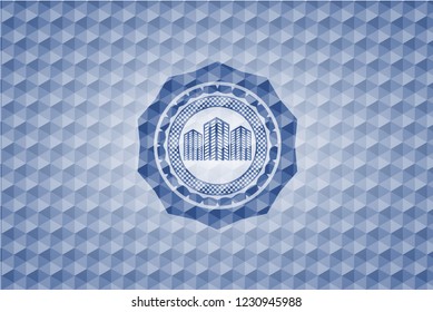 buildings icon inside blue emblem with geometric background.