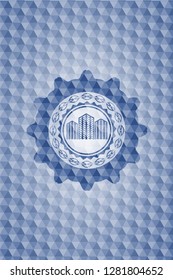 buildings icon inside blue emblem with geometric pattern.