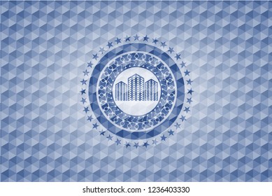 buildings icon inside blue hexagon badge.