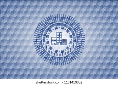 buildings icon inside blue polygonal badge.