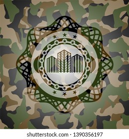 buildings icon inside camouflage texture