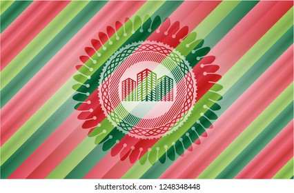 buildings icon inside christmas colors badge.