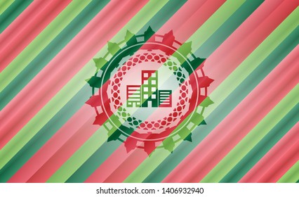 buildings icon inside christmas colors emblem.