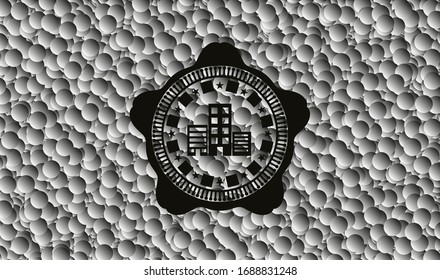 buildings icon inside dark badge with bubbles background. Vector Illustration. Detailed.