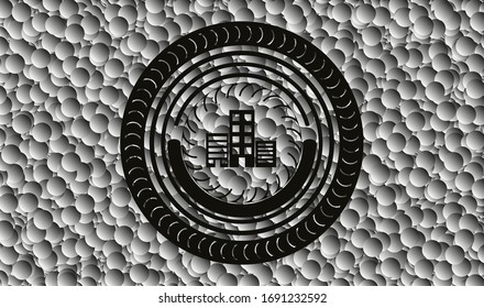 buildings icon inside dark emblem with grey bubbles background. Vector Illustration. Detailed.