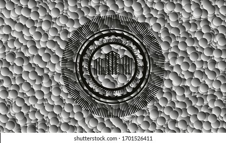 buildings icon inside dark emblem with grey bubbles background. Retro. Vector Illustration. Detailed.