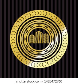 buildings icon inside gold badge or emblem