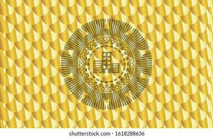 buildings icon inside gold badge or emblem. Scales pattern. Vector Illustration. Detailed.