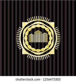 buildings icon inside gold emblem or badge